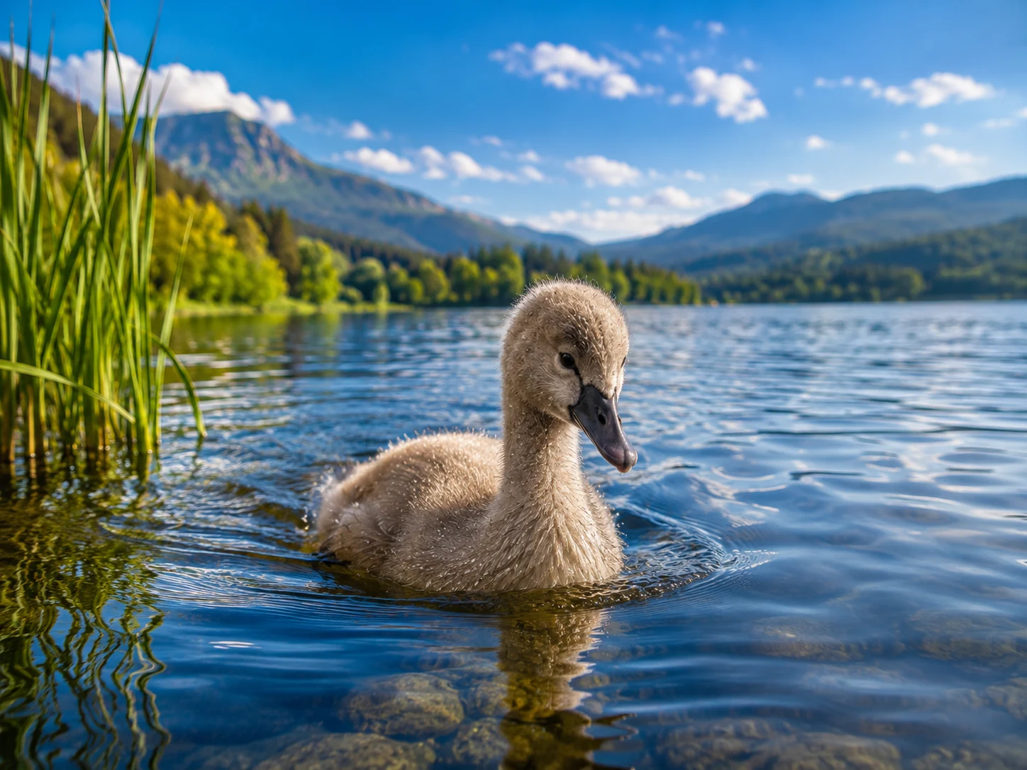 Ave nadando em lago iluminado